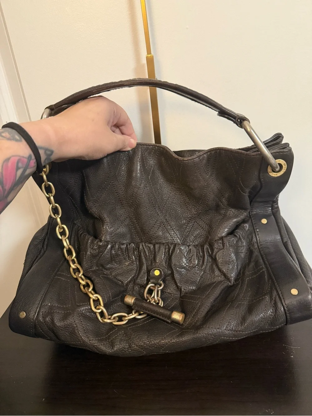 Bally Dark Brown Leather Shoulder Bag with Gold Chain Accent - Picture 6 of 11